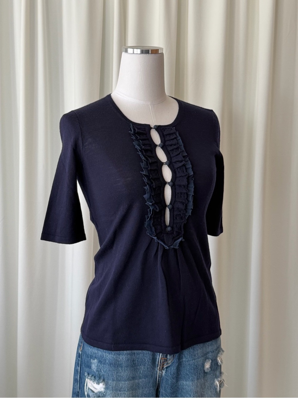J. Crew Navy 100% Merino Wool Ruffle Knit Top - Size XS.
